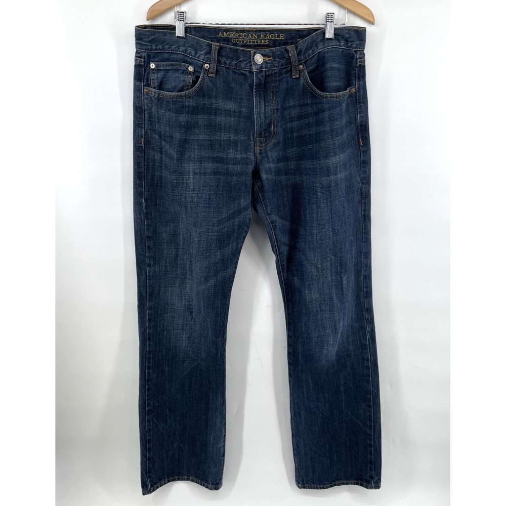 American Eagle Jeans Mens Fits Sz 36x33.5 Blue Original Boot Cut Dark‎ Wash READ